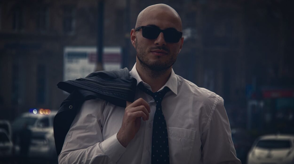 A confident bald man in sunglasses and necktie stands outdoors, exuding urban style.