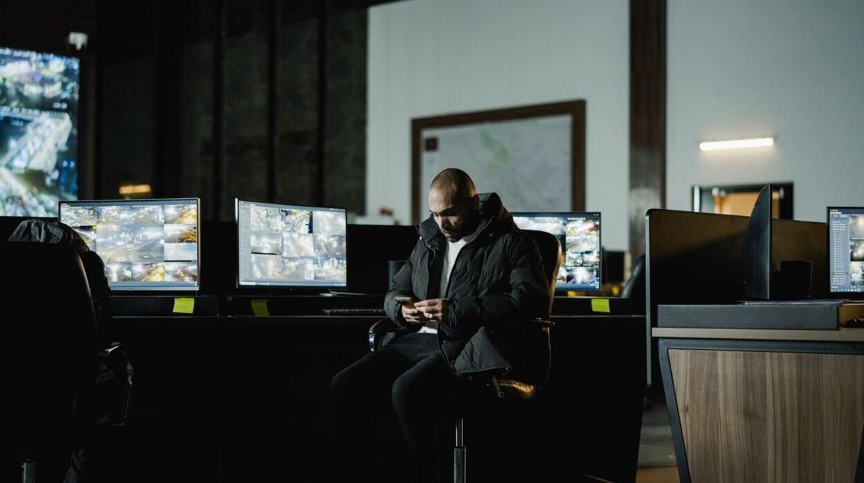 Security officer seated in a dimly lit control room, analyzing multiple surveillance screens.
