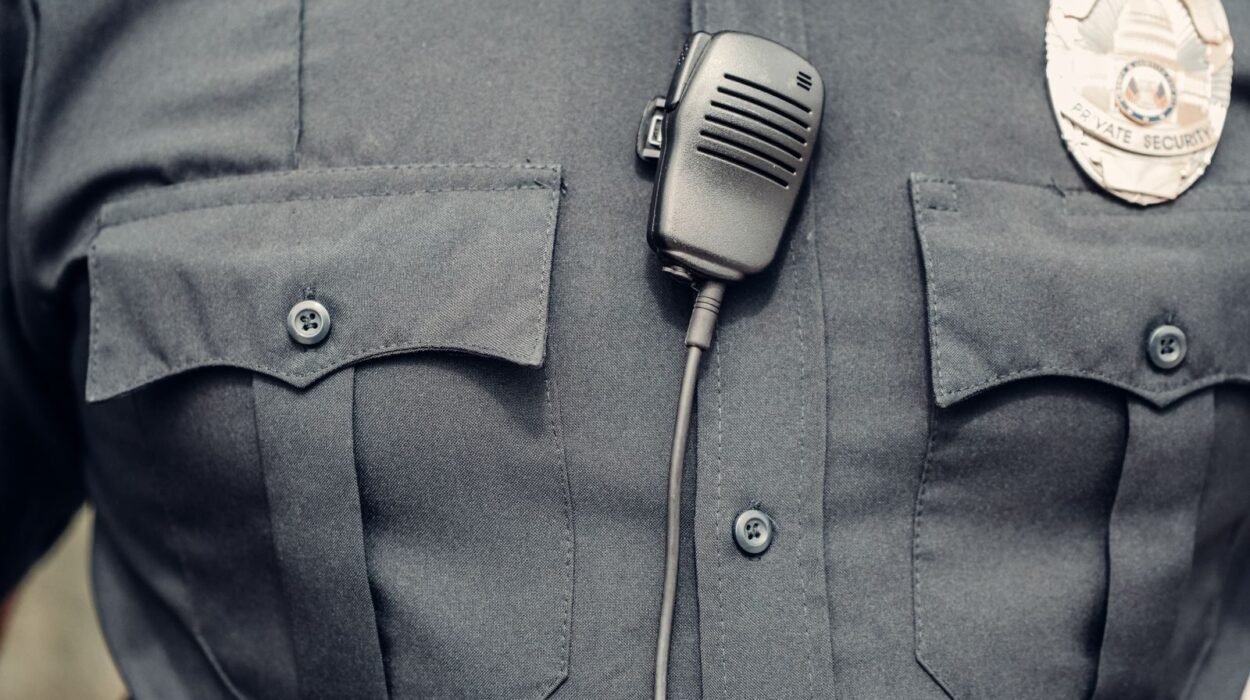 Close-up of a police officer's uniform featuring a body camera and badge.
