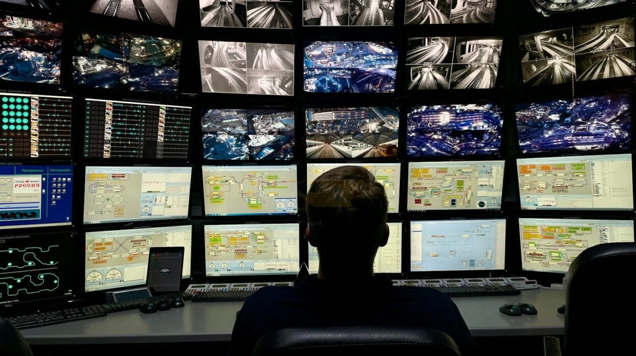a man sitting in front of multiple monitors