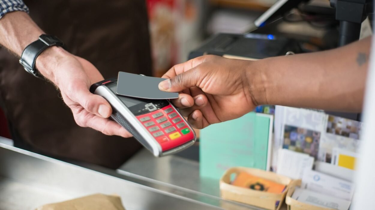 Close-up of a contactless payment transaction in a retail setting.