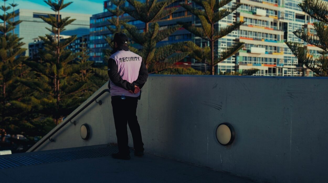 Security guard on concrete walkway overlooking modern buildings